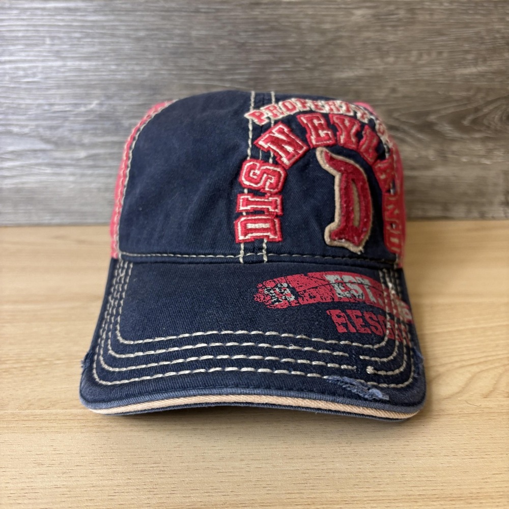 Disneyland Resort Hat Cap Strap Back Blue Red Distressed Patch Embroidered Mens